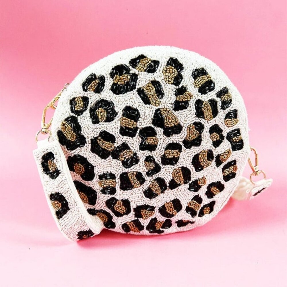 Anthropologie Leopard Animal Round Full Glass Beaded Round Bag with Beaded Strap